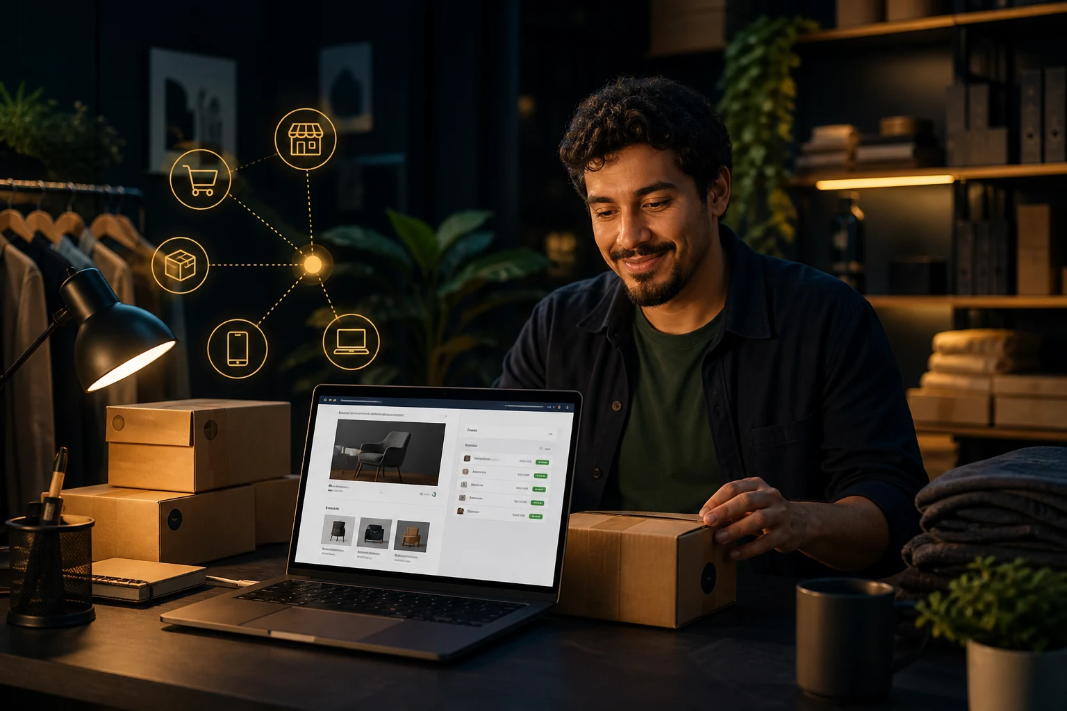 Lojista administrando pedidos de sua loja virtual em um ambiente de trabalho