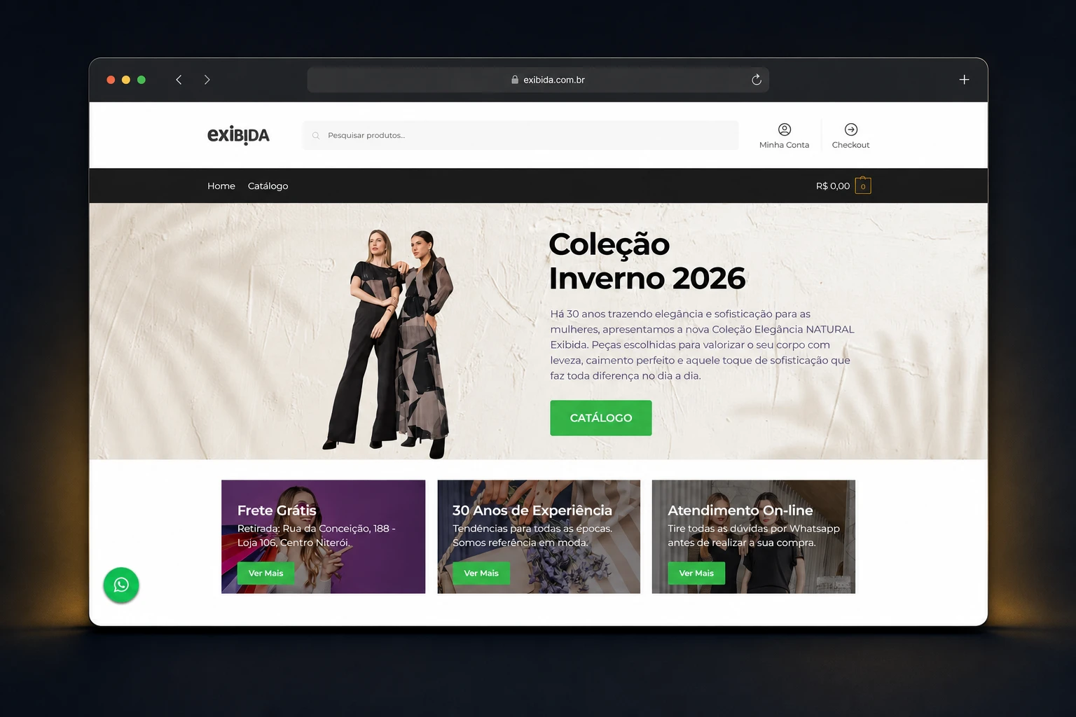 Projeto real da loja virtual Exibida apresentado em uma janela de navegador