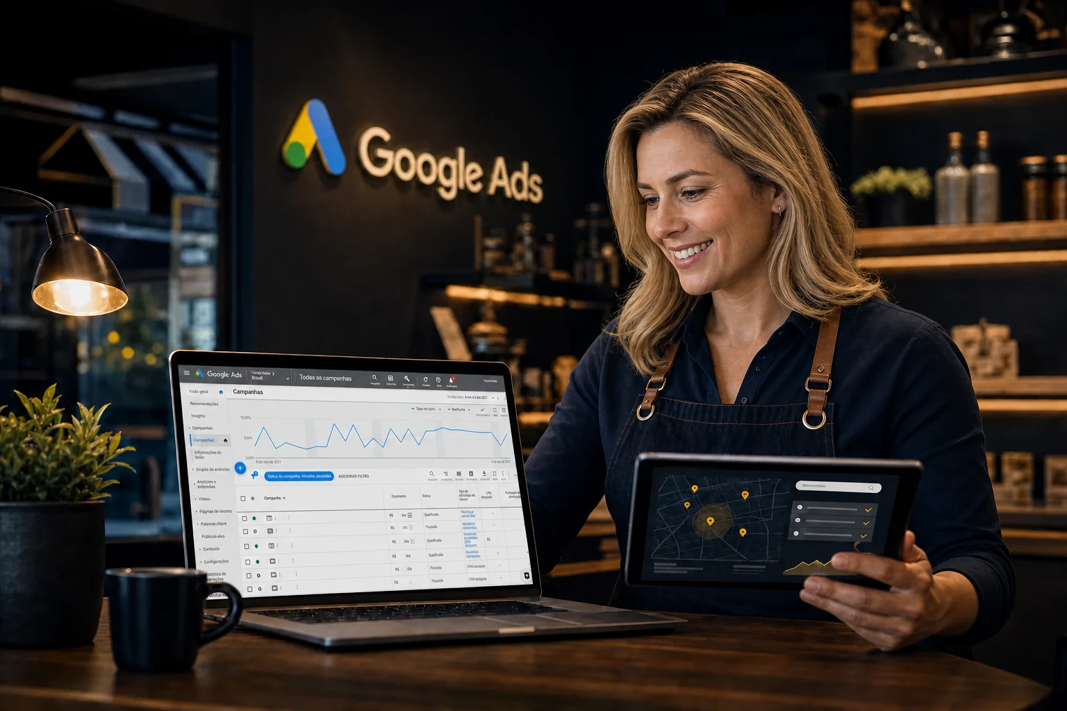 Empreendedora loira sorrindo ao analisar a interface do Google Ads no notebook