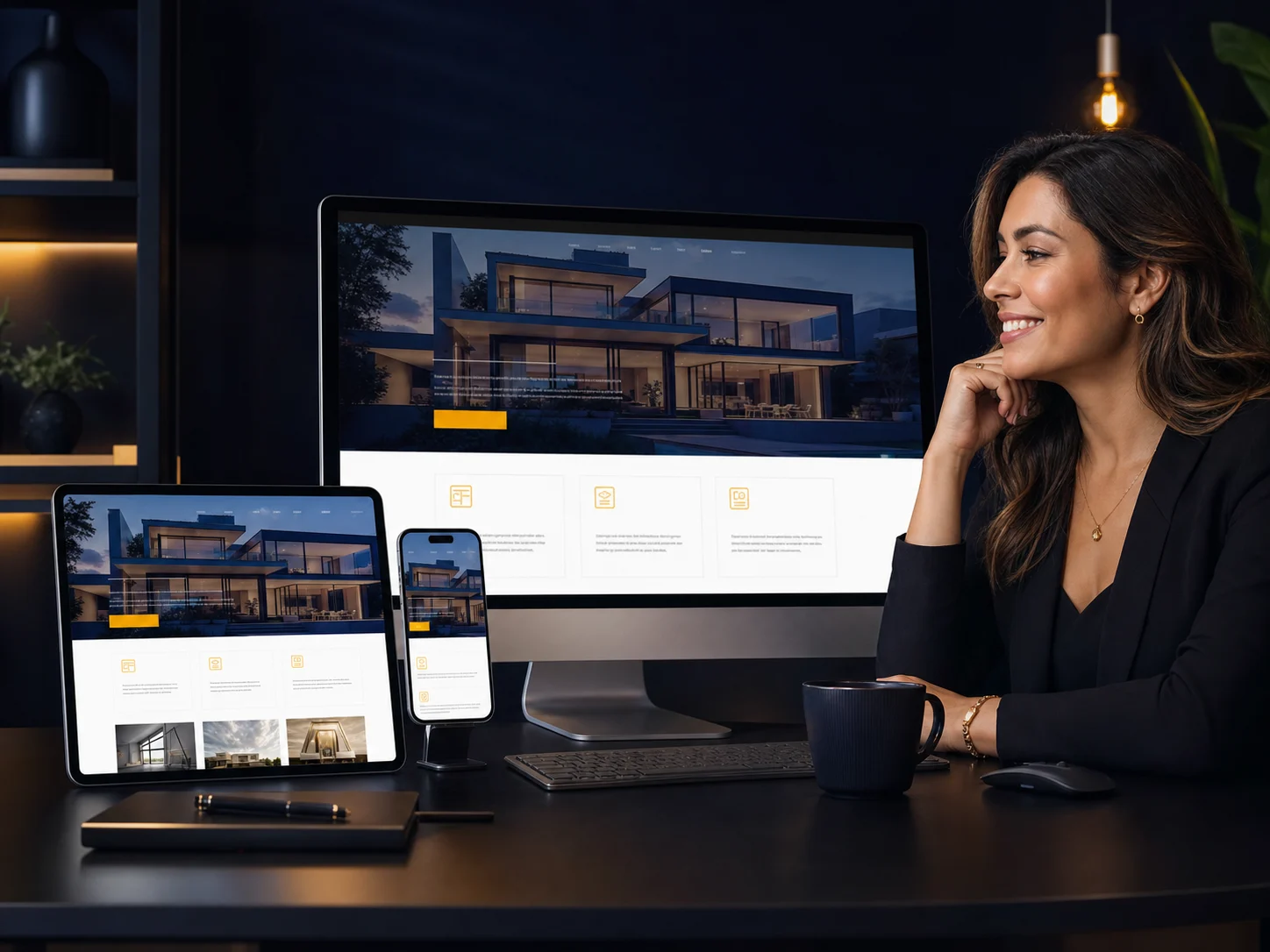 Empreendedora avaliando um site profissional pronto no computador, tablet e celular