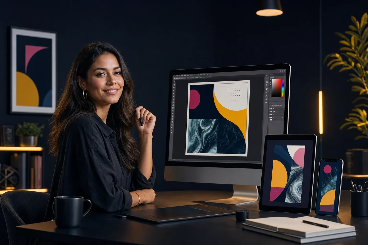 Designer criando peças coordenadas para feed e stories em computador, tablet e celular